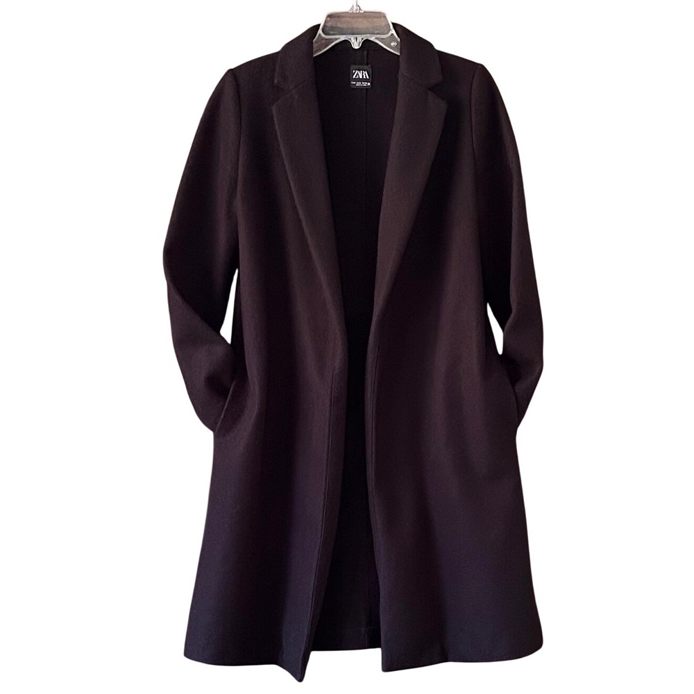 Zara Womens Black Open Front Lapel Collar Coat Mid Length Pockets Felt Texture M